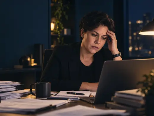 Dona de escritório contábil cansada, à noite, diante do notebook e de pilhas de papéis