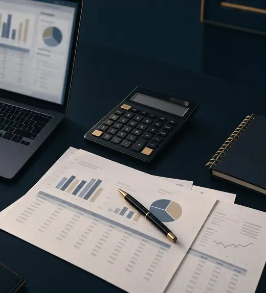 Mesa com notebook, relatórios impressos e calculadora