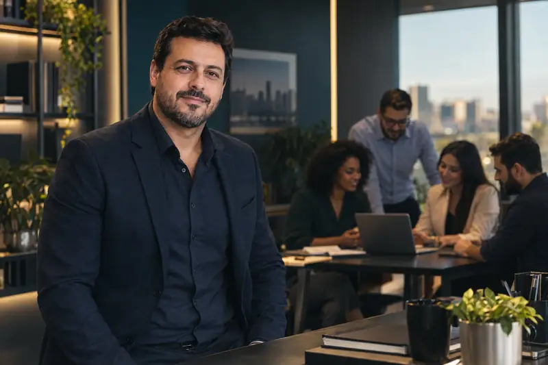 Sócio de escritório contábil confiante, com a equipe trabalhando ao fundo